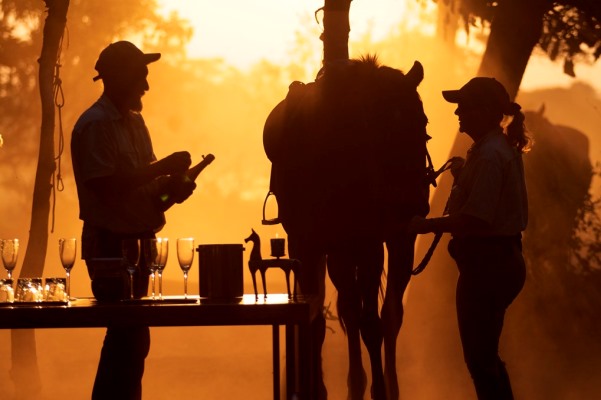 Okavango Horse Safaris (2) silhouette of staff opening a bottle of champagne 600 400