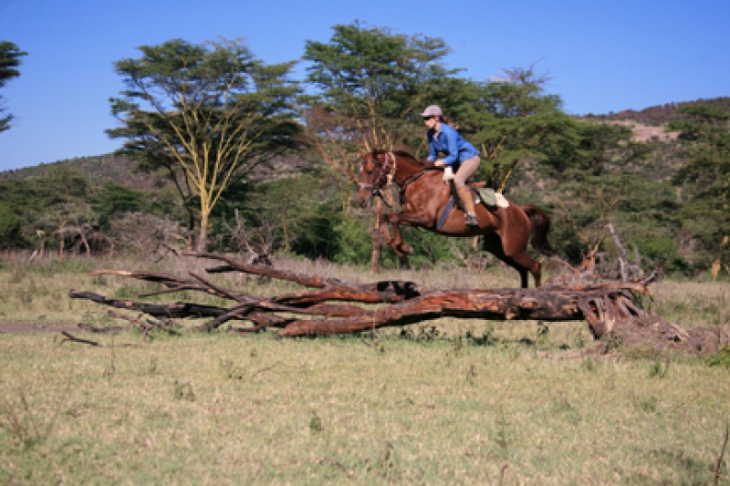 Alice jumping over a tree on her horse riding safari holiday