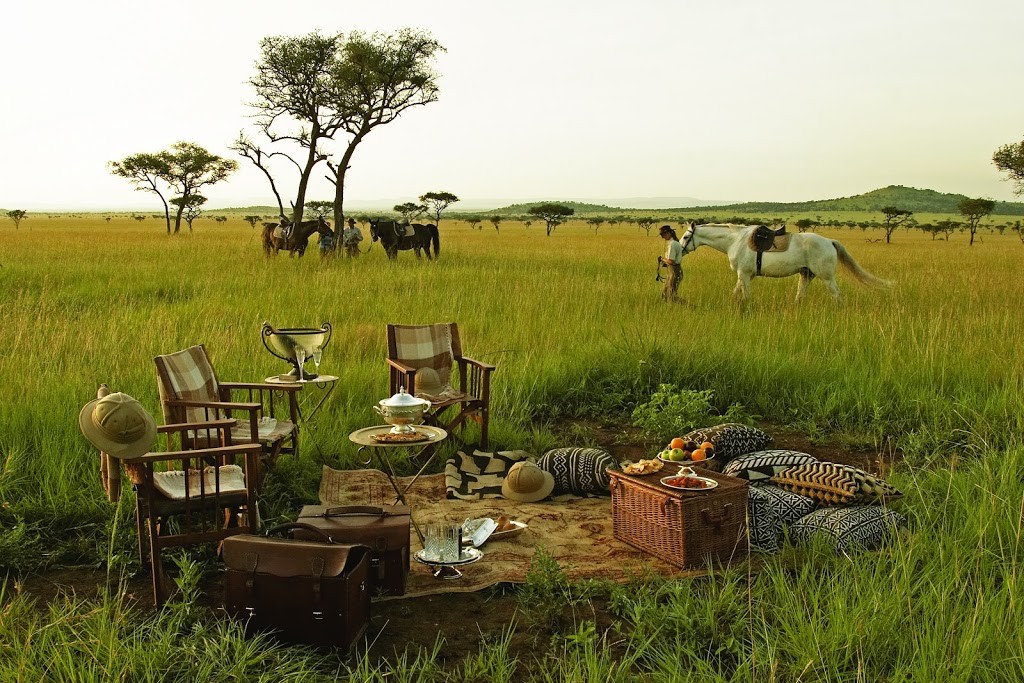 A picnic on a plain with horses and riders, Grumeti, Tanzania
