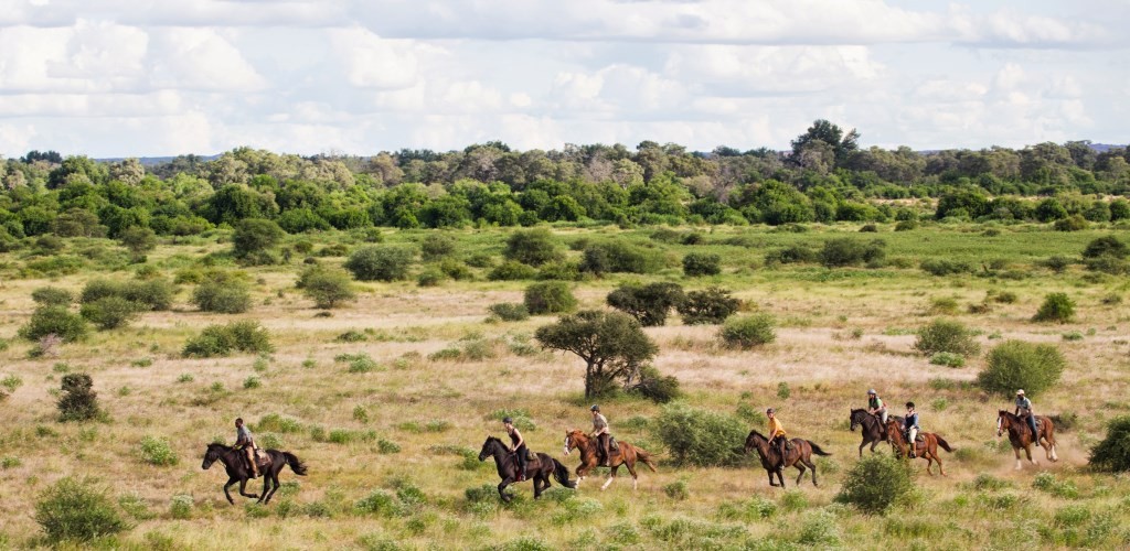 Group of riders, chasing the lead rider in Botswana