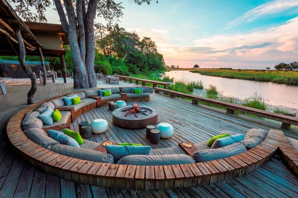 Terrace lounge by the river in a circle, Kings Pool, Chobe and Linyanti Zambia, image credit Wilderness Safaris