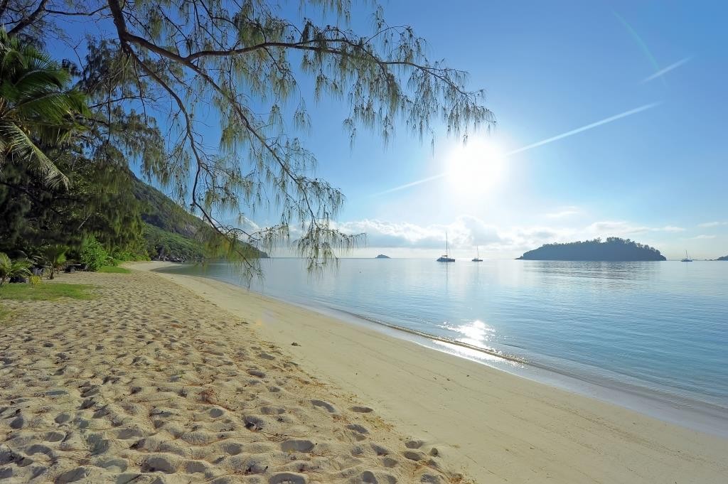 Morning sunshine at the beach, Sainte Anne Resort, Mahe, Seychelles