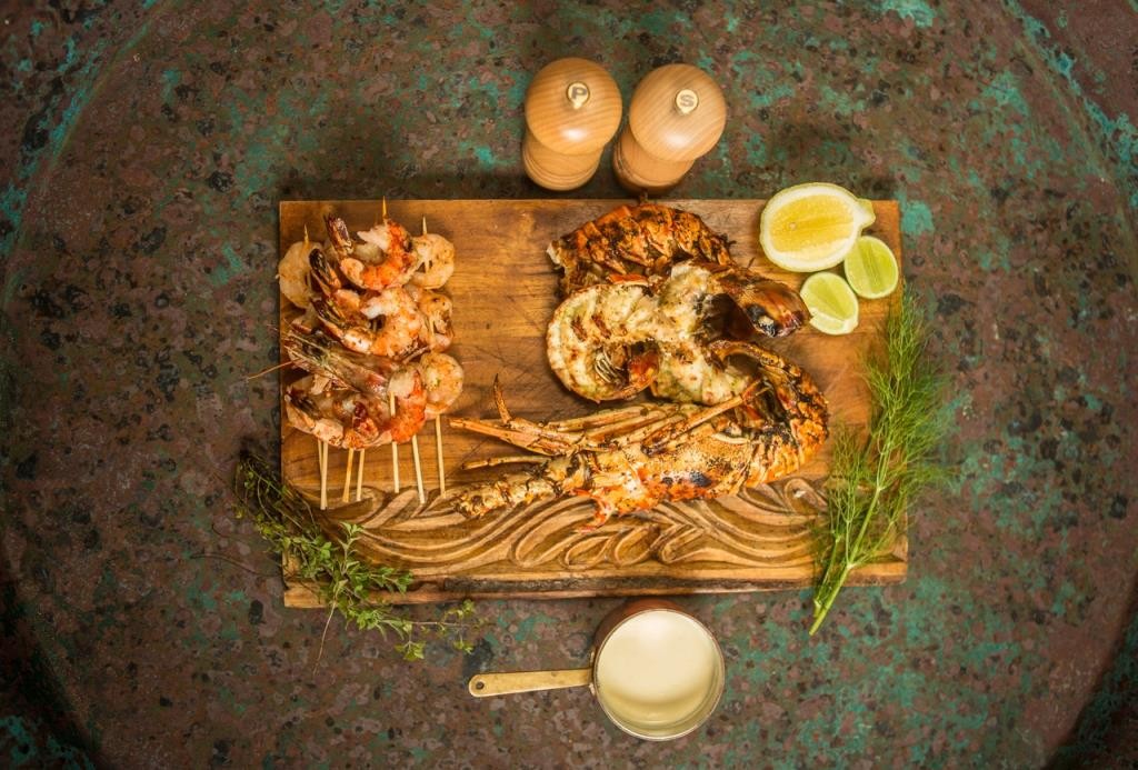 Prawns and lobster served at the North Island, Seychelles