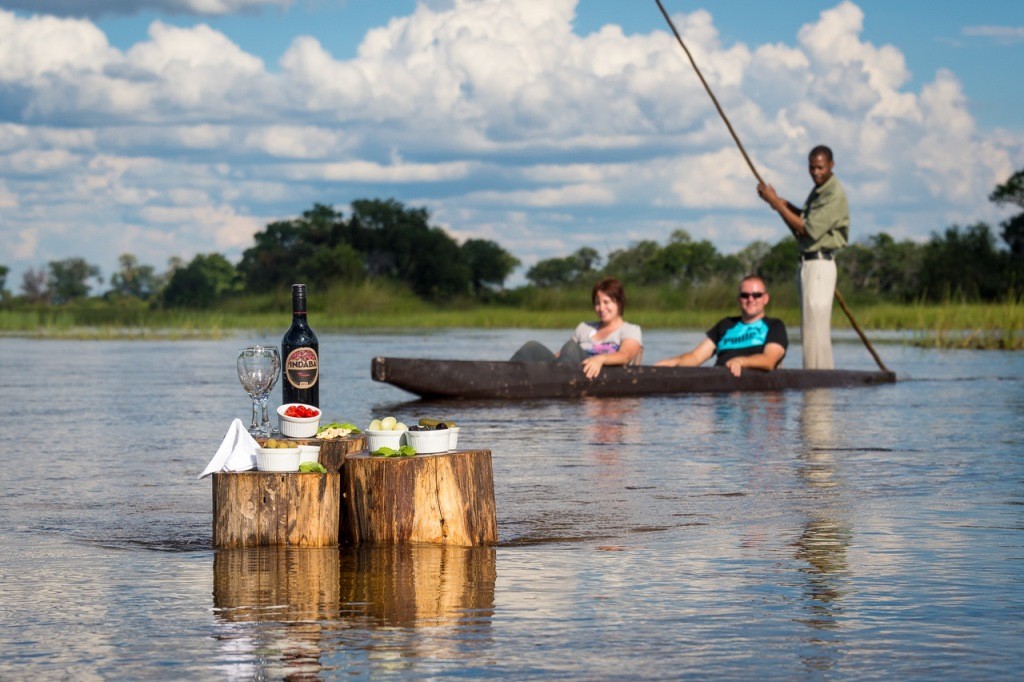 South African wine and nibbles, enjoyed mokoro boating, Pelo Camp, Okavango Delta, Botswana