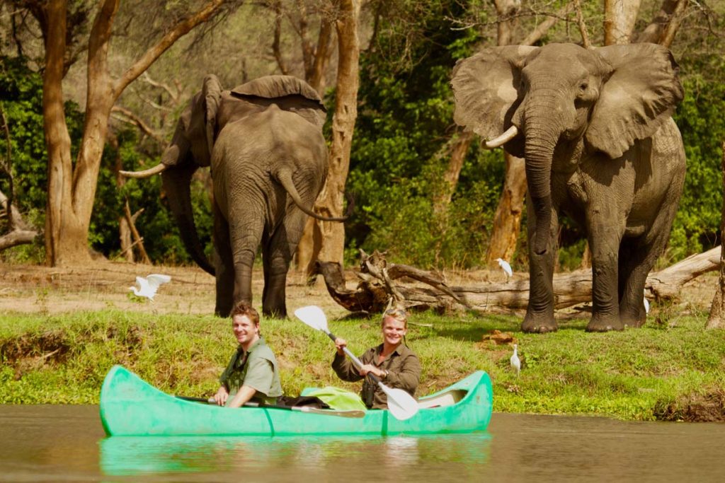 Tusk and Mane canoeing with elephants
