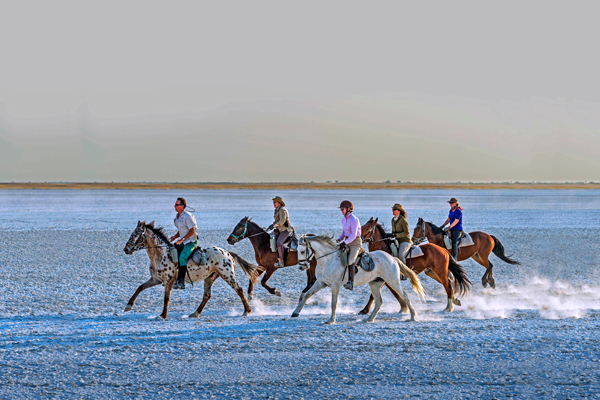 Cantering group of 5 riders on the salt pans, Makgadikgadi, Botswana lodge based day rides
