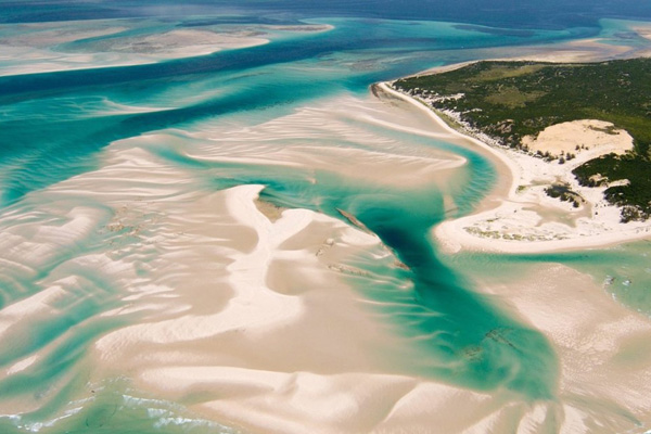 Aerial of the shifting white sands of Benguerra Island