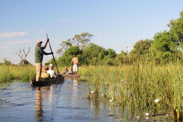 Gliding through the Okavango Delta via mokoro - two boats with guests and boatmen
